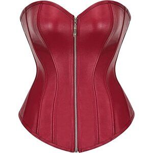RED leather sexy zipper front bustier corset top bondage cosplay FUN costume NWT